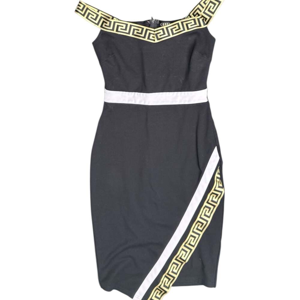 CEFIAN Black Off-The-Shoulder Midi Dress with Gold Greek Key Trim
